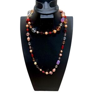 Genuine Pearl Bohemian Red Purple Pink Beaded Gemstone Necklace 17 inch EUC